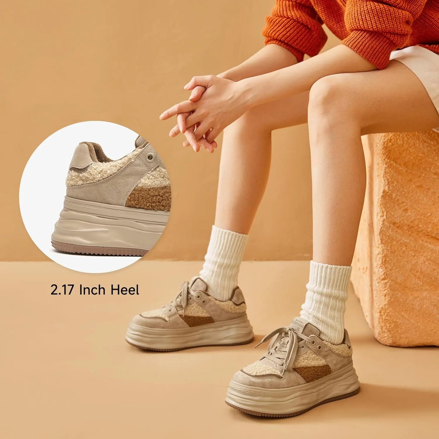 BEAU TODAY Fur Lined Winter Sneakers for Women, Womens Chunky Platform Warm Sneakers, Comfortable Suede Snow Lace-up Non-Slip Round Toe Casual Snow Walking Tennis Shoes