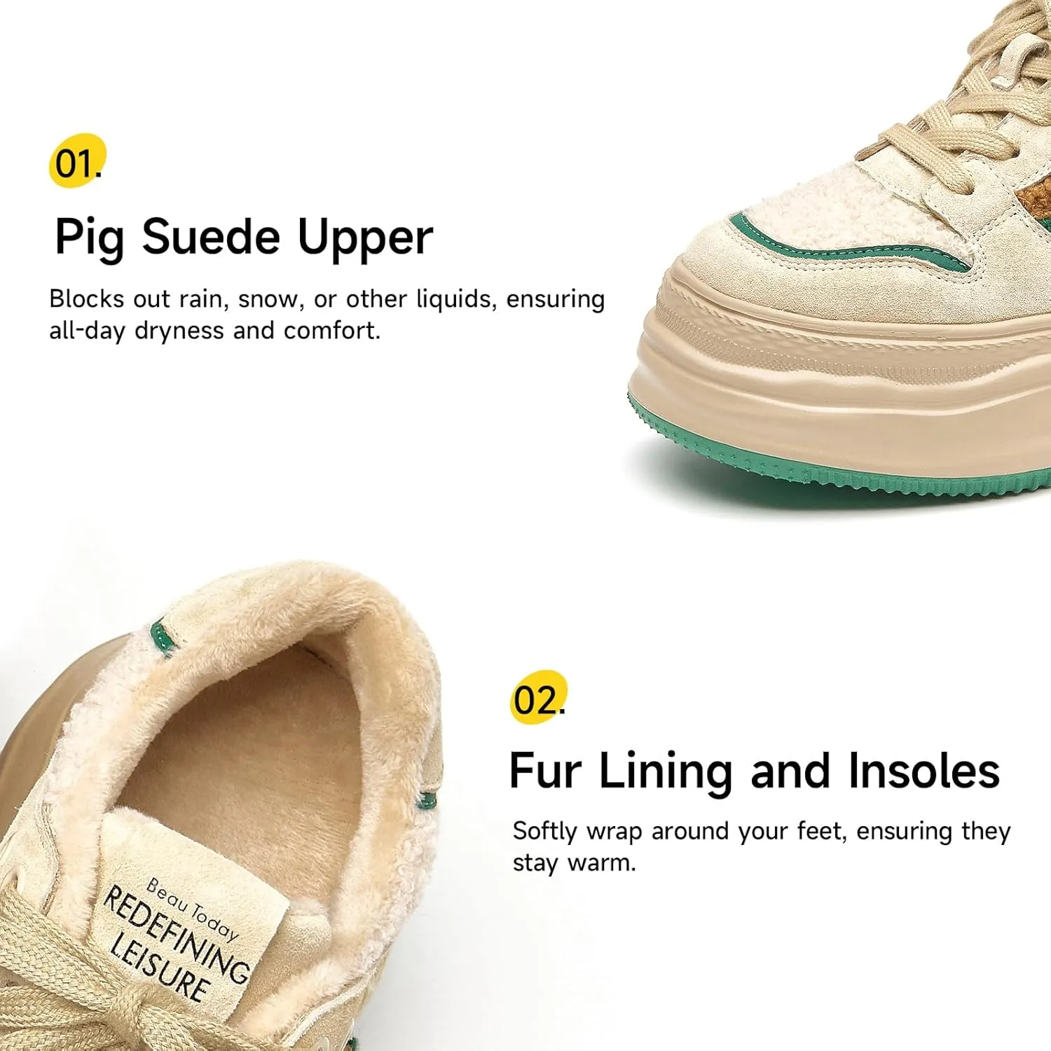 BEAU TODAY Fur Lined Winter Sneakers for Women, Womens Chunky Platform Warm Sneakers, Comfortable Suede Snow Lace-up Non-Slip Round Toe Casual Snow Walking Tennis Shoes