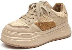 BEAU TODAY Fur Lined Winter Sneakers for Women, Womens Chunky Platform Warm Sneakers, Comfortable Suede Snow Lace-up Non-Slip Round Toe Casual Snow Walking Tennis Shoes
