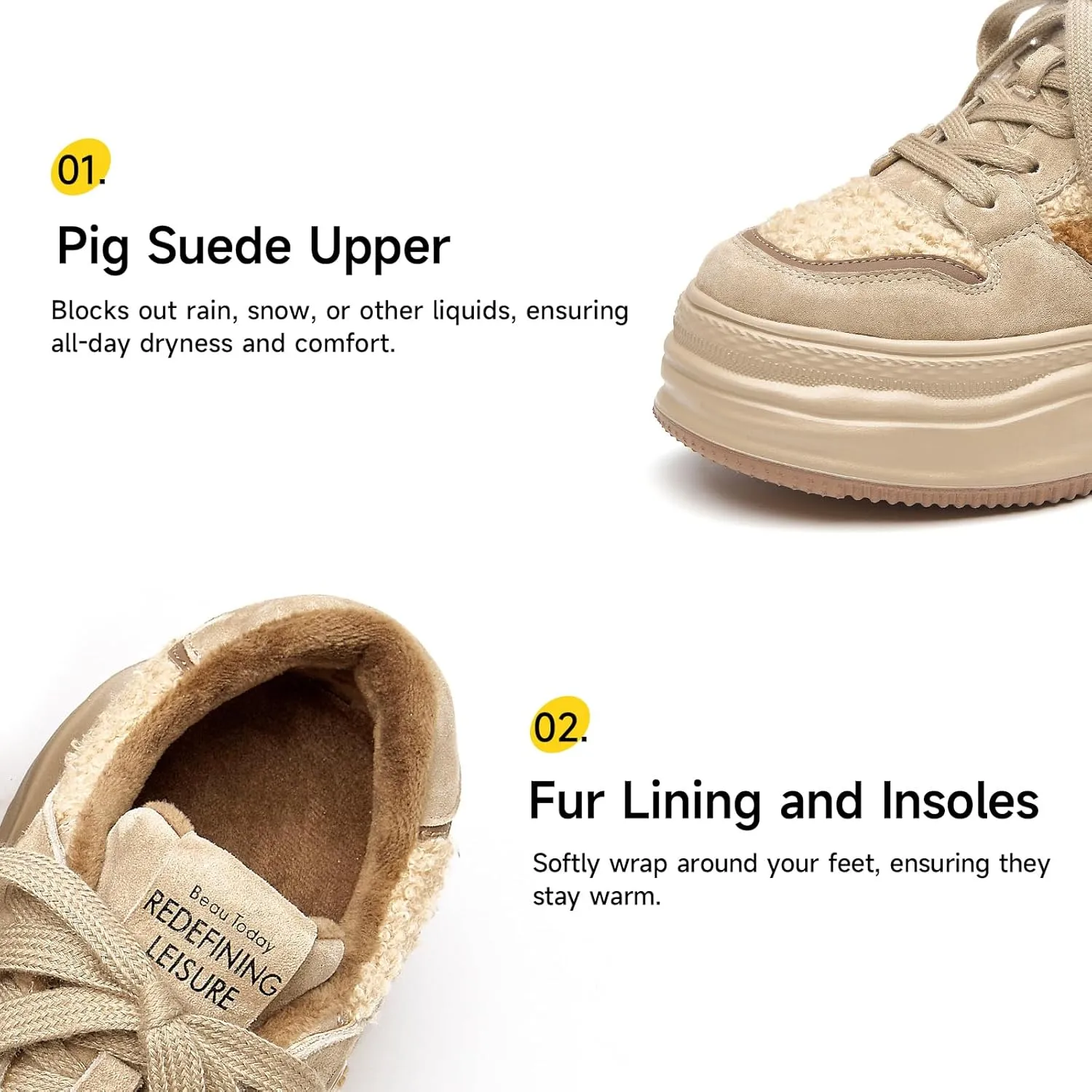 BEAU TODAY Fur Lined Winter Sneakers for Women, Womens Chunky Platform Warm Sneakers, Comfortable Suede Snow Lace-up Non-Slip Round Toe Casual Snow Walking Tennis Shoes