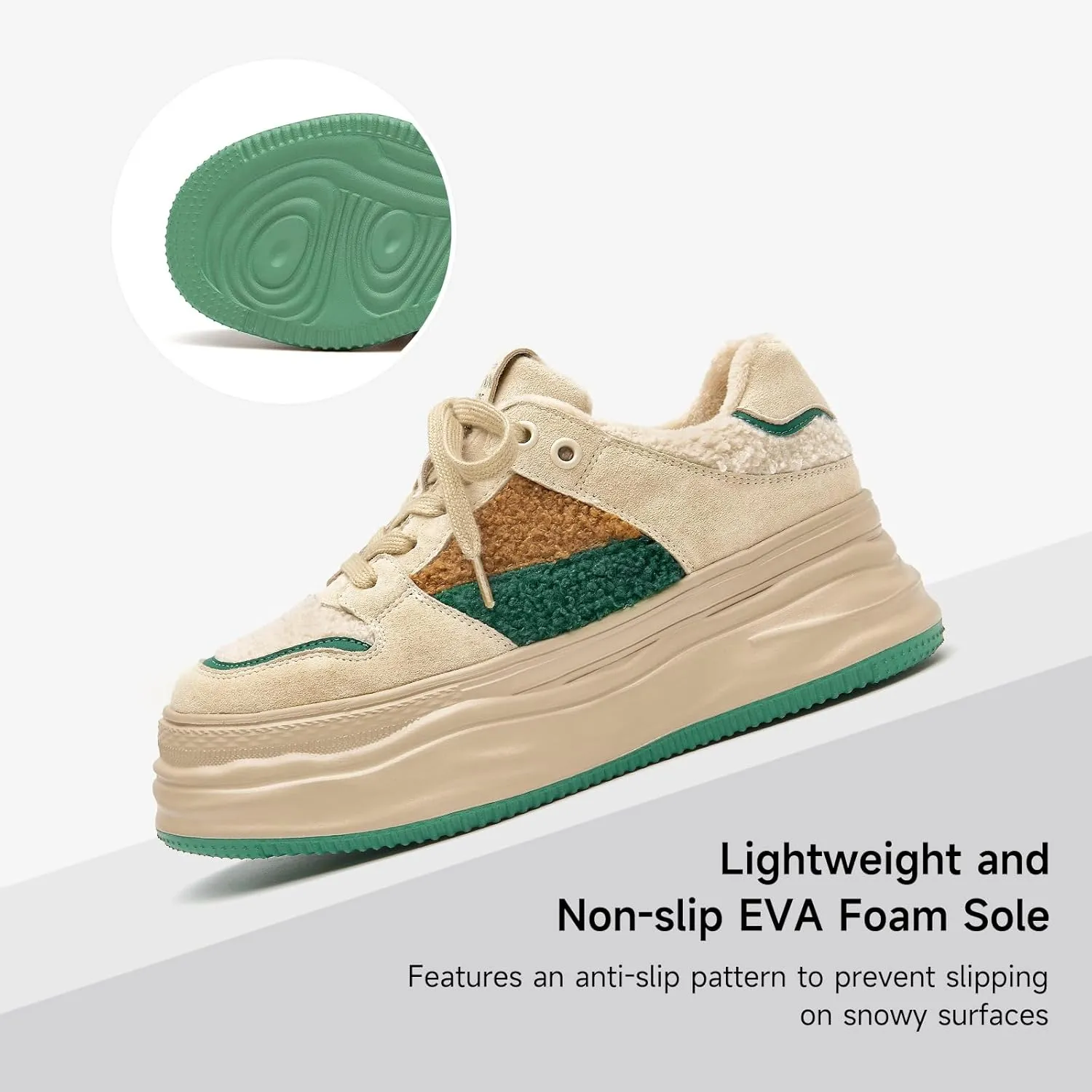 BEAU TODAY Fur Lined Winter Sneakers for Women, Womens Chunky Platform Warm Sneakers, Comfortable Suede Snow Lace-up Non-Slip Round Toe Casual Snow Walking Tennis Shoes