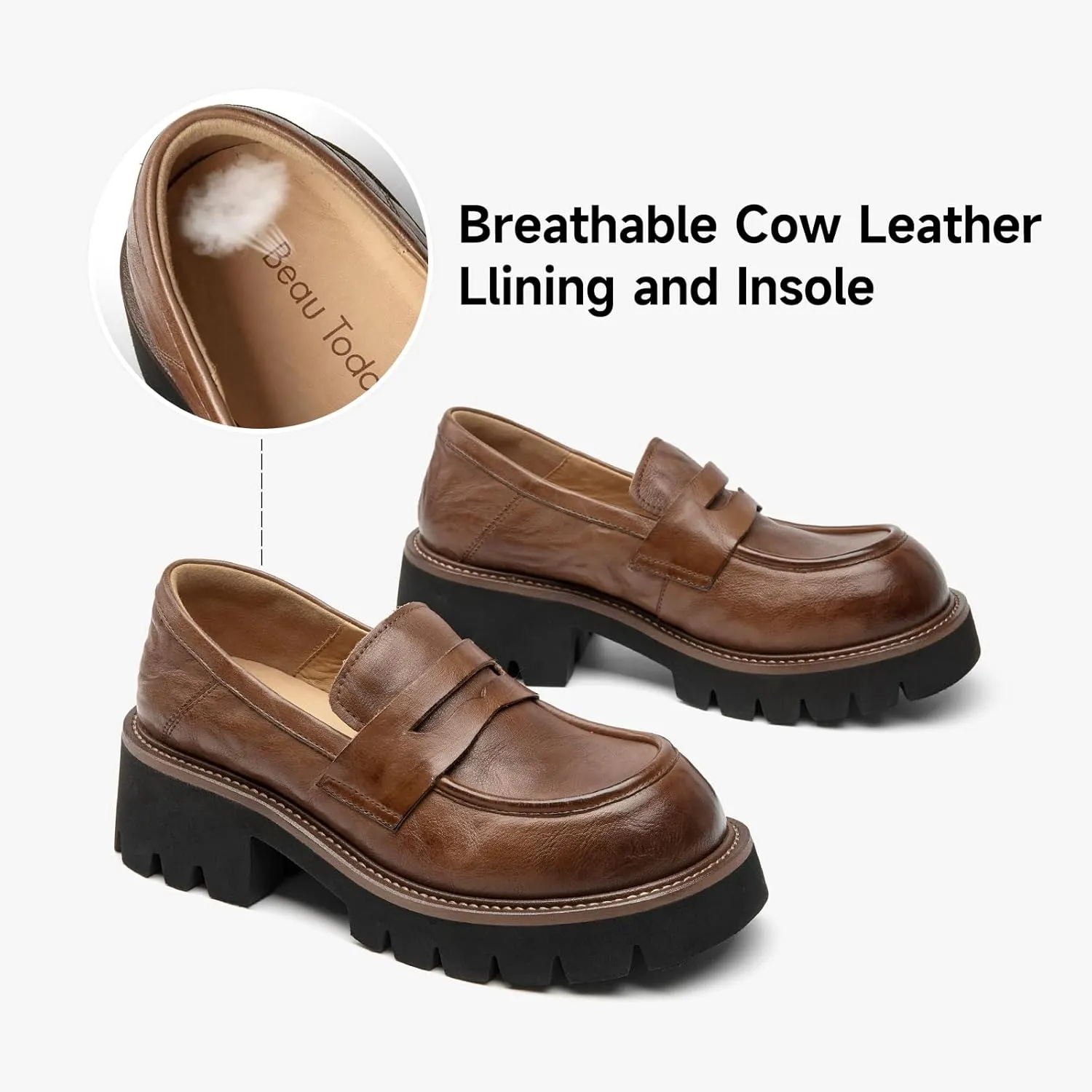 BEAU TODAY Platform Loafers for Women, Women’s Chunky Leather Loafers, Slip-on Lug Sole Penny Loafers Comfortable Business Casual Office Non Slip Round Toe Ladies Dress Shoes
