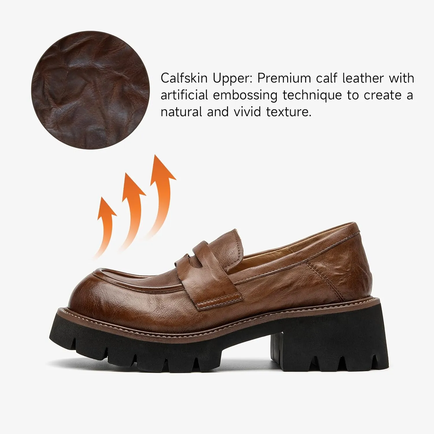 BEAU TODAY Platform Loafers for Women, Women’s Chunky Leather Loafers, Slip-on Lug Sole Penny Loafers Comfortable Business Casual Office Non Slip Round Toe Ladies Dress Shoes