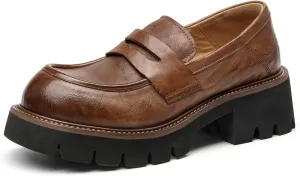BEAU TODAY Platform Loafers for Women, Women’s Chunky Leather Loafers, Slip-on Lug Sole Penny Loafers Comfortable Business Casual Office Non Slip Round Toe Ladies Dress Shoes