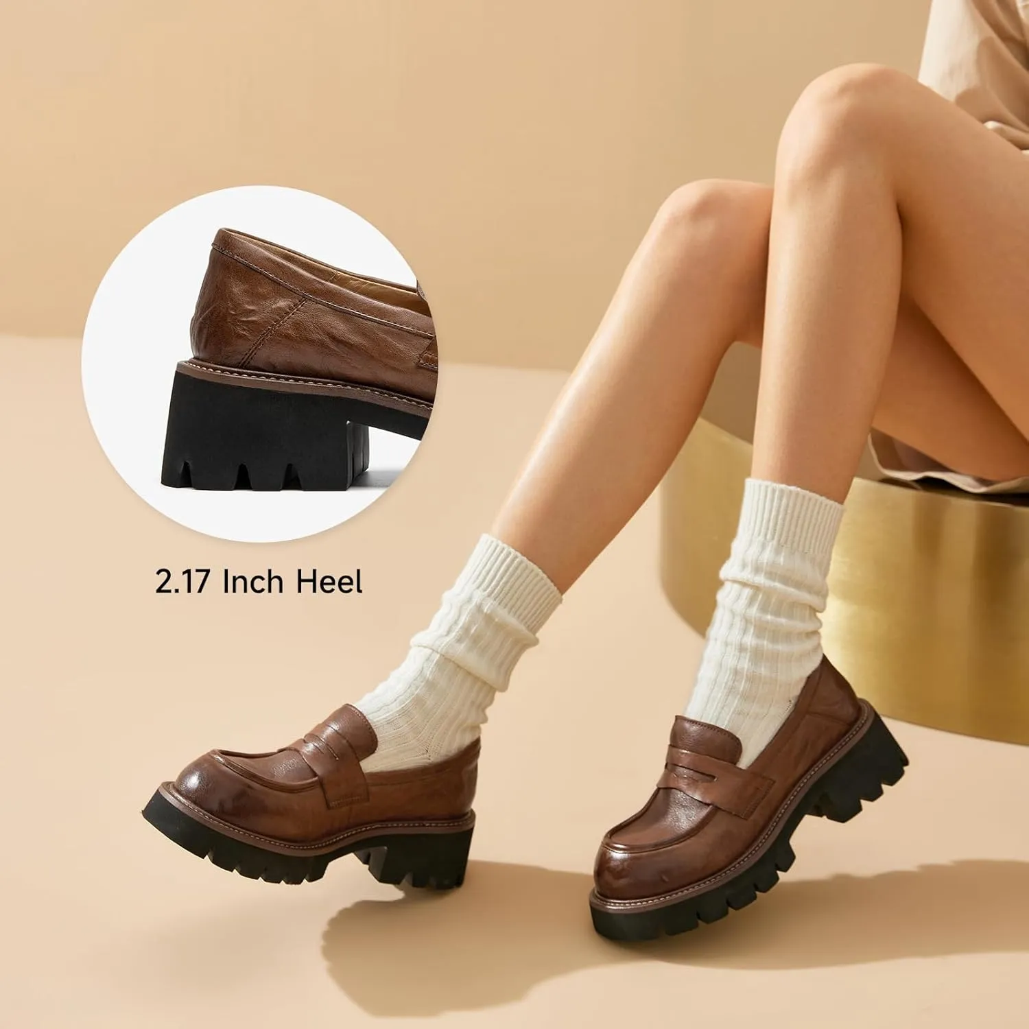 BEAU TODAY Platform Loafers for Women, Women’s Chunky Leather Loafers, Slip-on Lug Sole Penny Loafers Comfortable Business Casual Office Non Slip Round Toe Ladies Dress Shoes