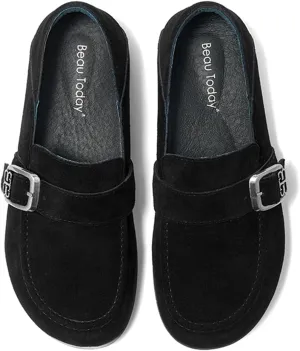 BEAU TODAY Suede Leather Loafers Women, Women’s Slip On Wide Width Loafers Flats Shoes, Footbed Comfortable Casual Dress Potato Shoes with Arch Support and Adjustable Buckle