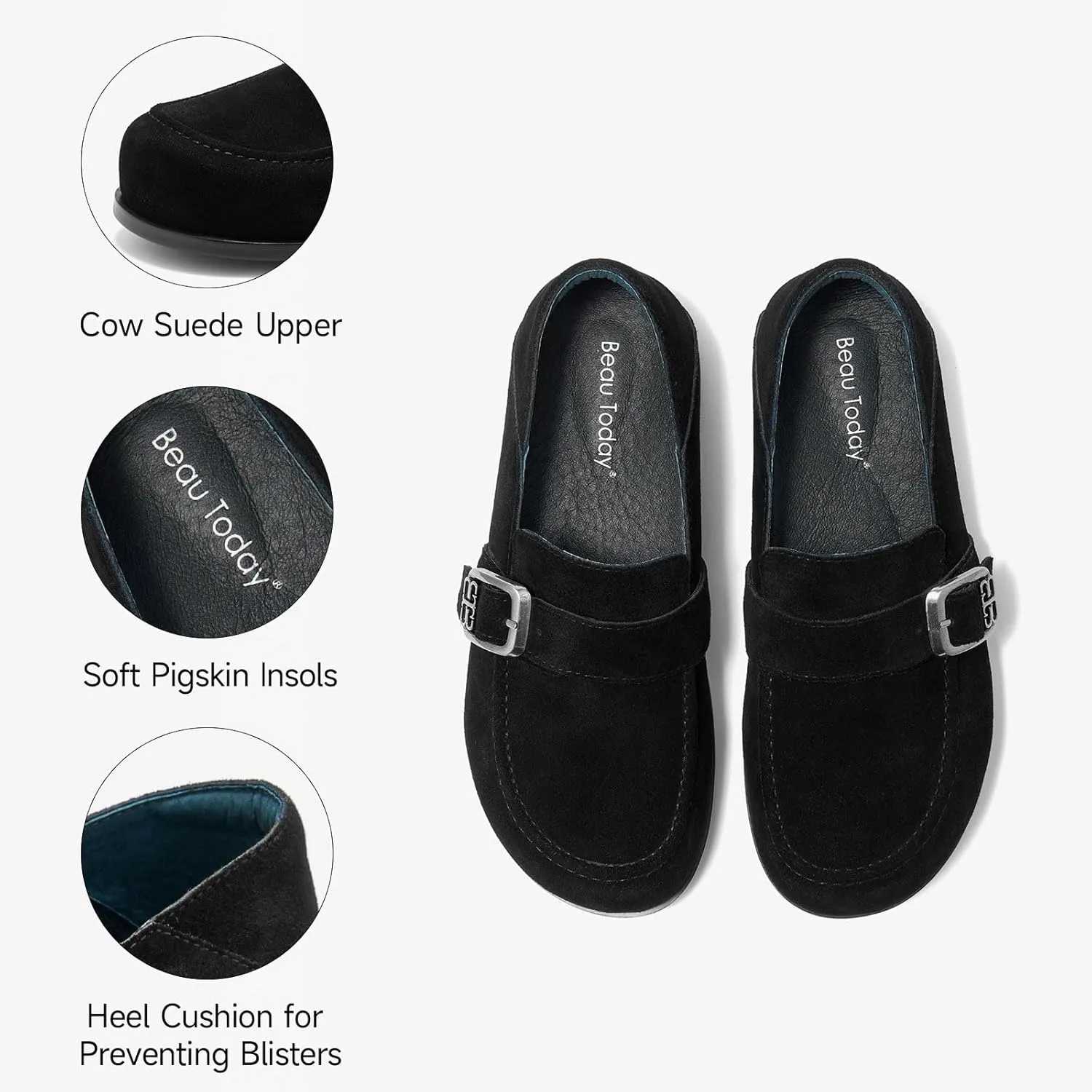 BEAU TODAY Suede Leather Loafers Women, Women’s Slip On Wide Width Loafers Flats Shoes, Footbed Comfortable Casual Dress Potato Shoes with Arch Support and Adjustable Buckle