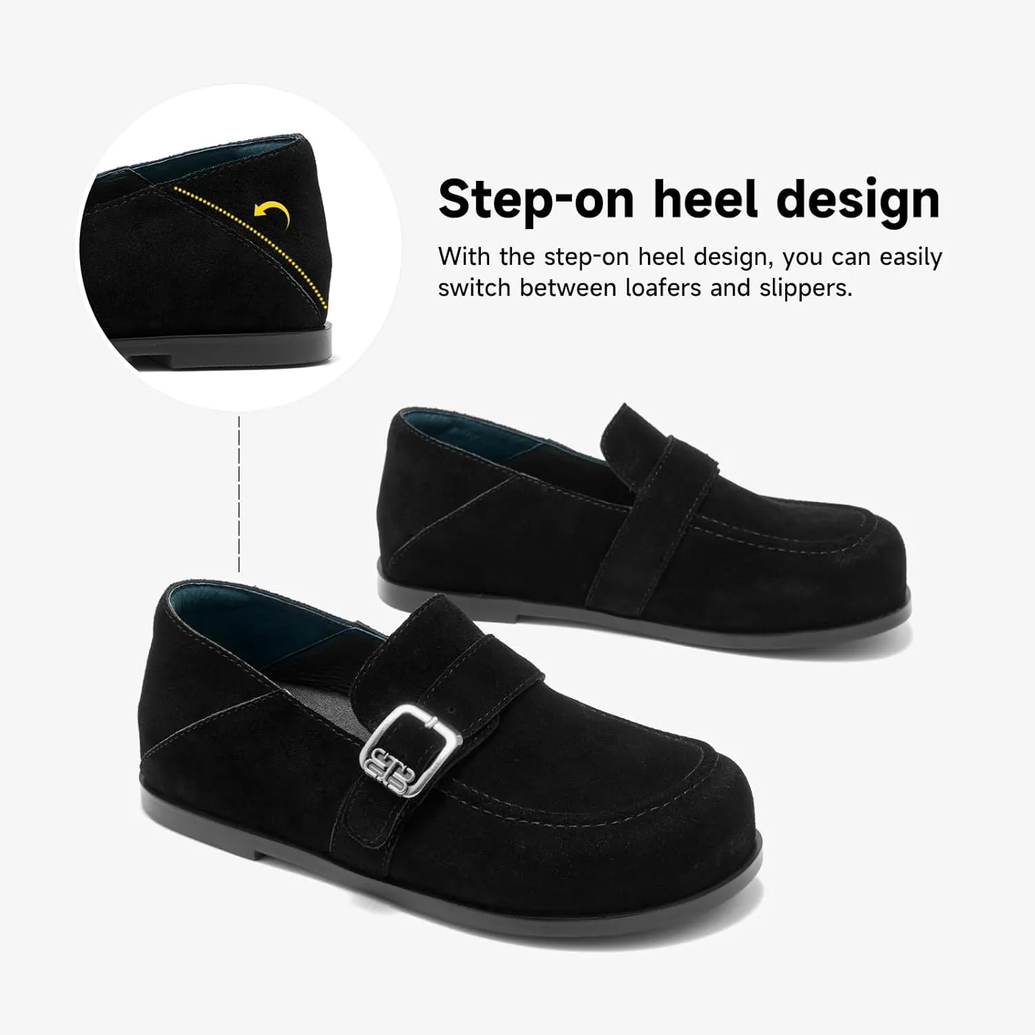 BEAU TODAY Suede Leather Loafers Women, Women’s Slip On Wide Width Loafers Flats Shoes, Footbed Comfortable Casual Dress Potato Shoes with Arch Support and Adjustable Buckle