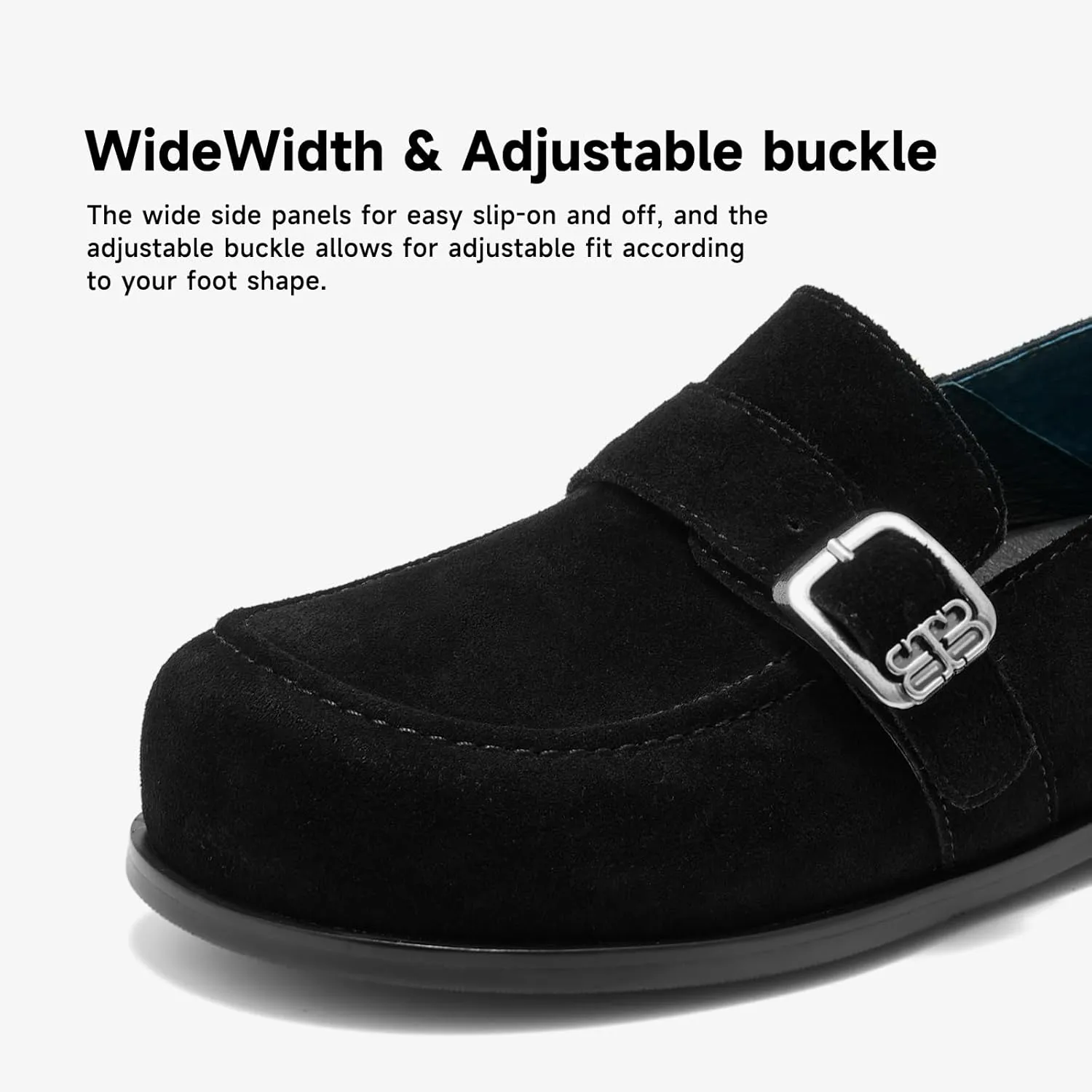 BEAU TODAY Suede Leather Loafers Women, Women’s Slip On Wide Width Loafers Flats Shoes, Footbed Comfortable Casual Dress Potato Shoes with Arch Support and Adjustable Buckle
