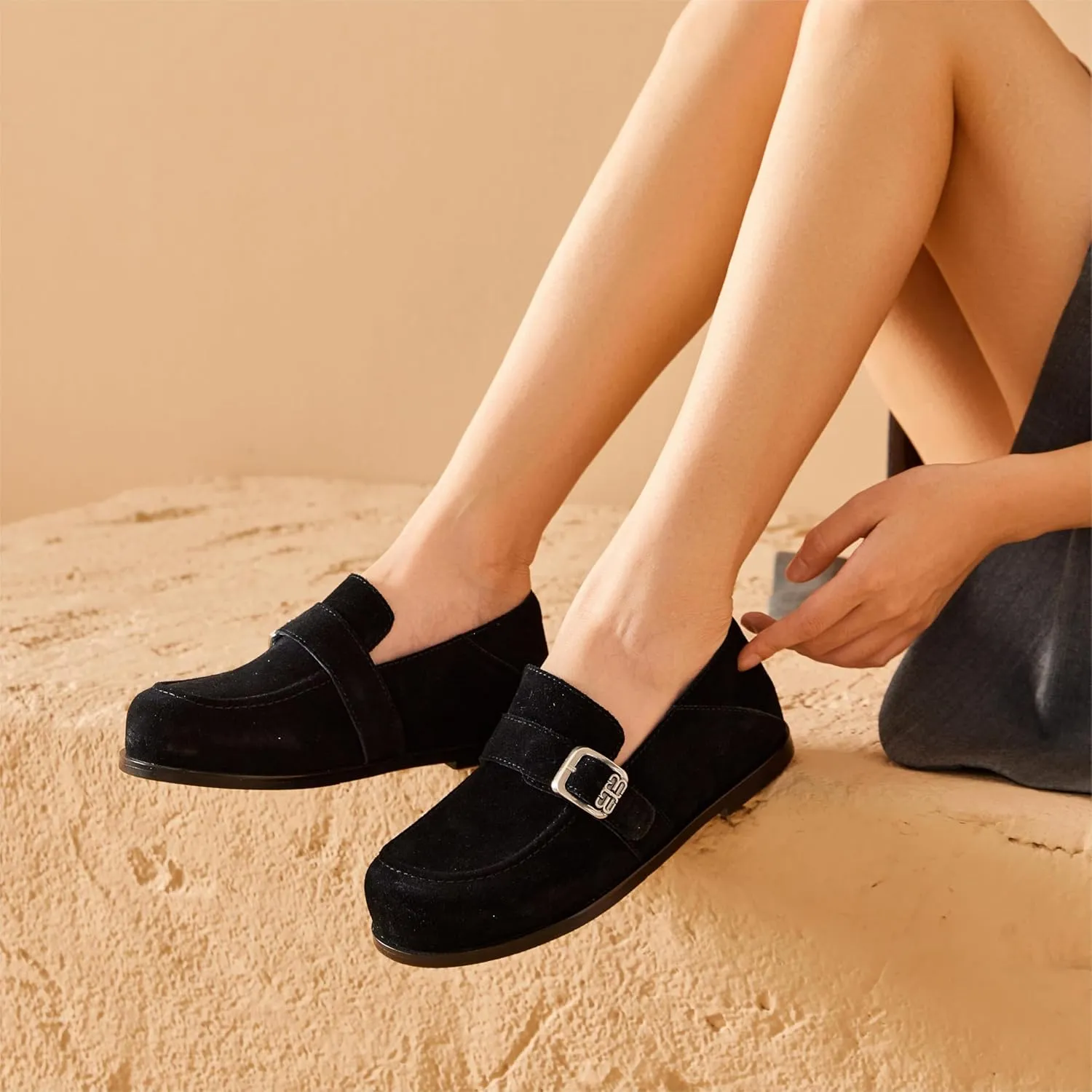BEAU TODAY Suede Leather Loafers Women, Women’s Slip On Wide Width Loafers Flats Shoes, Footbed Comfortable Casual Dress Potato Shoes with Arch Support and Adjustable Buckle