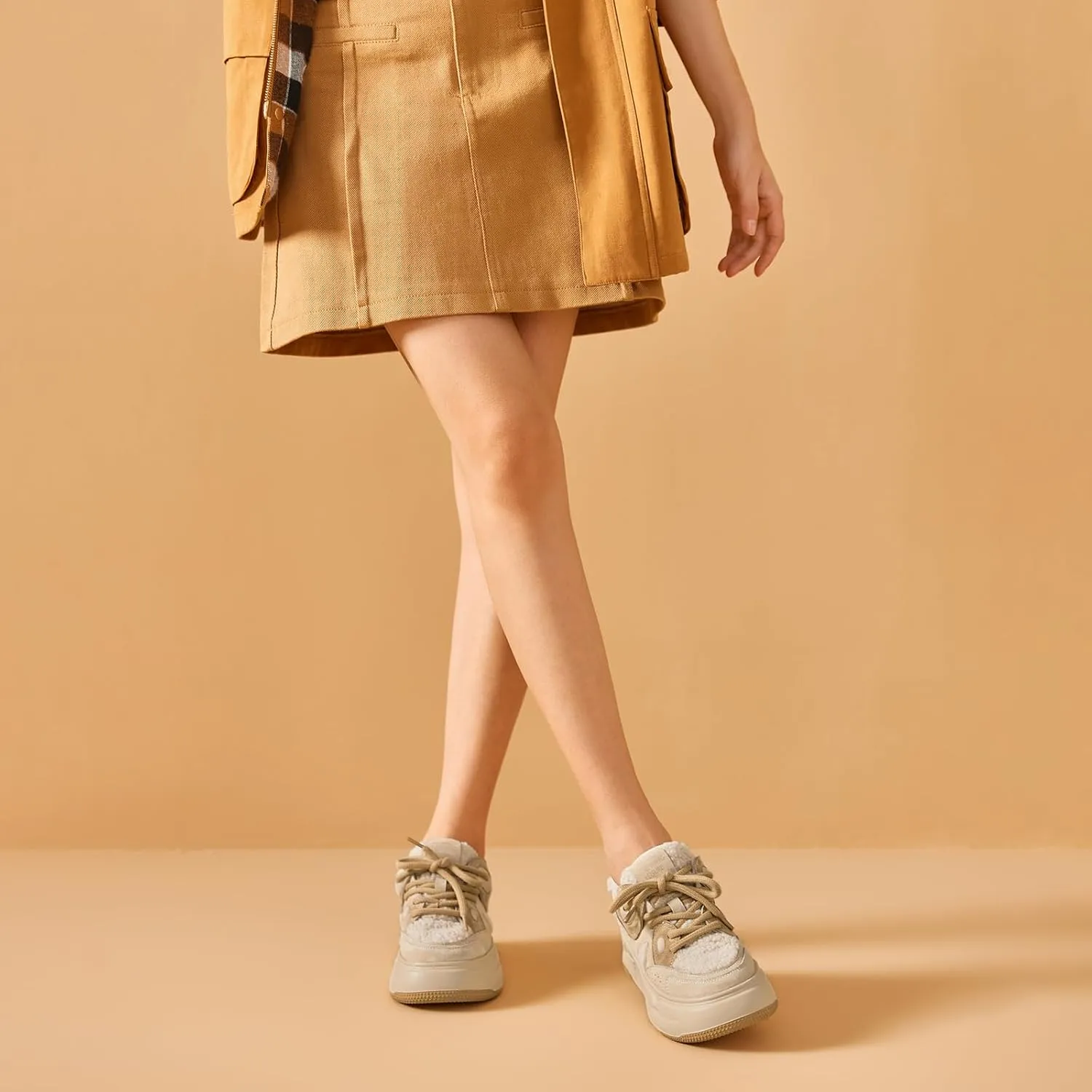 BEAU TODAY Winter Platform Sneakers for Women, Warm Fur Lined Fashion Chunky Sneakers for Women, Comfortable Suede Leather Sneakers, Casual Dressy Lace-up Anti-Slip Outdoor Walking Shoes