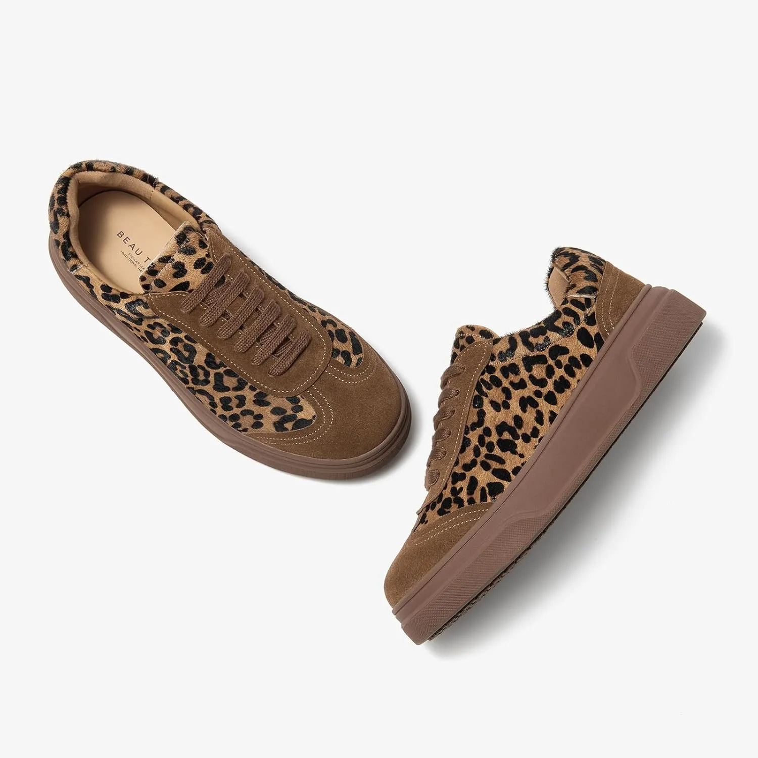 BEAU TODAY Women's Retro Fashion Sneakers, Low-Top Lace Up Leopard Sneakers for Women, Comfortable Casual Non Slip Running Walking Shoes
