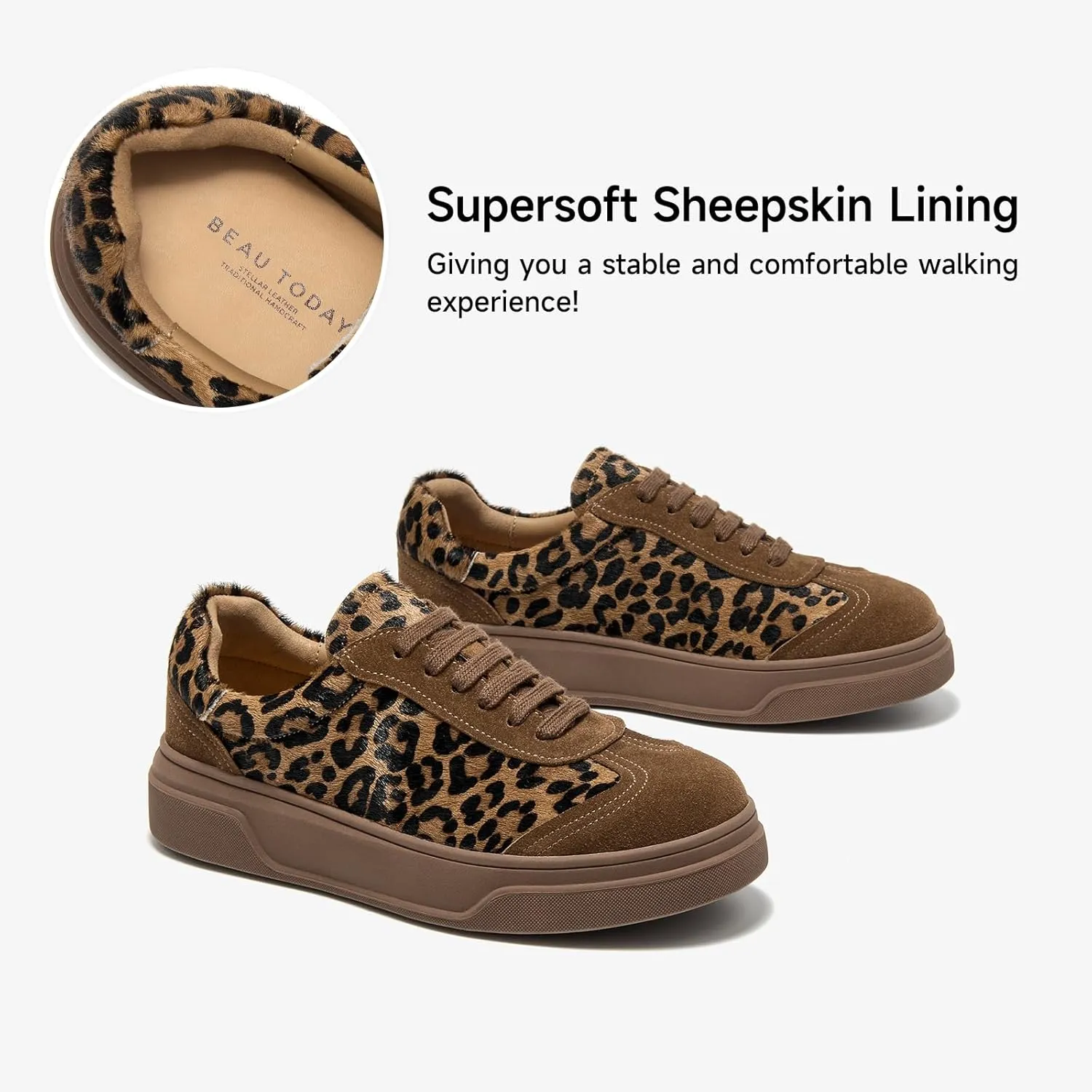 BEAU TODAY Women's Retro Fashion Sneakers, Low-Top Lace Up Leopard Sneakers for Women, Comfortable Casual Non Slip Running Walking Shoes