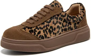 BEAU TODAY Women's Retro Fashion Sneakers, Low-Top Lace Up Leopard Sneakers for Women, Comfortable Casual Non Slip Running Walking Shoes