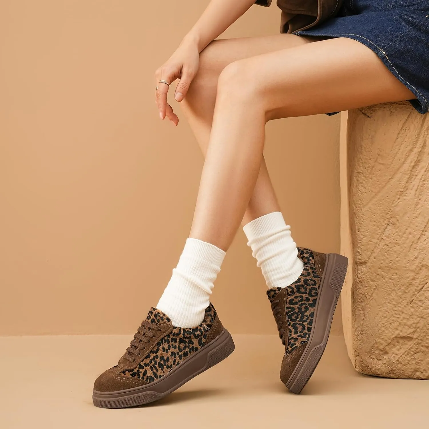 BEAU TODAY Women's Retro Fashion Sneakers, Low-Top Lace Up Leopard Sneakers for Women, Comfortable Casual Non Slip Running Walking Shoes