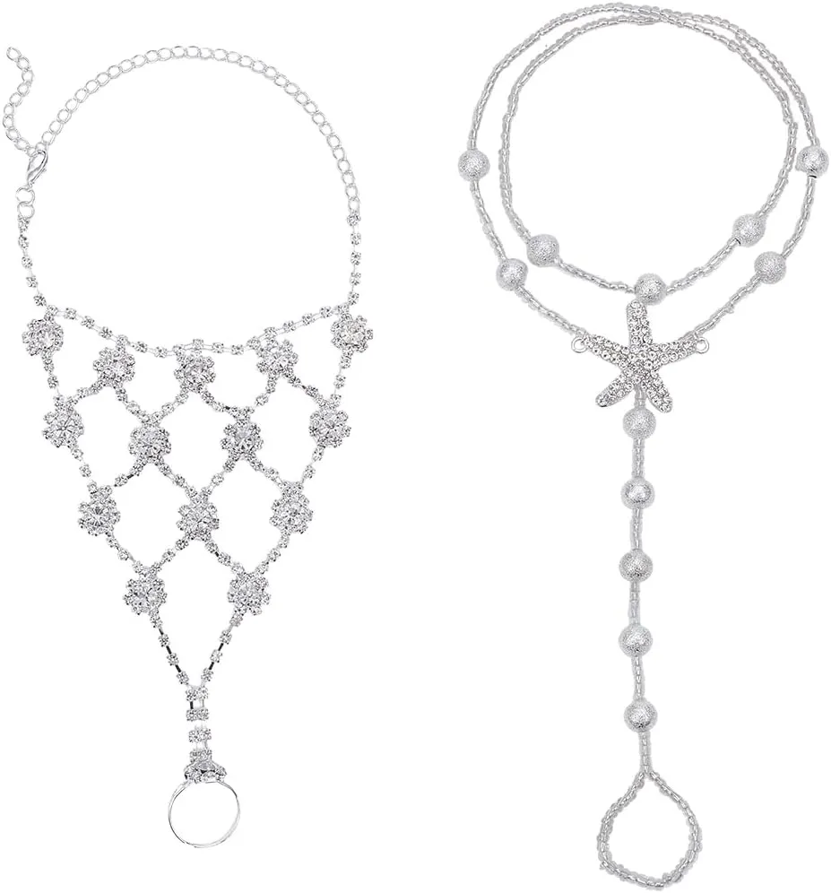 Beebeecraft 4Pcs 2 Styles Beach Anklets for Women Alloy Clear Rhinestone Boho Ball Barefoot Sandal Chain Foot Ring for Summer Jewelry Gifts