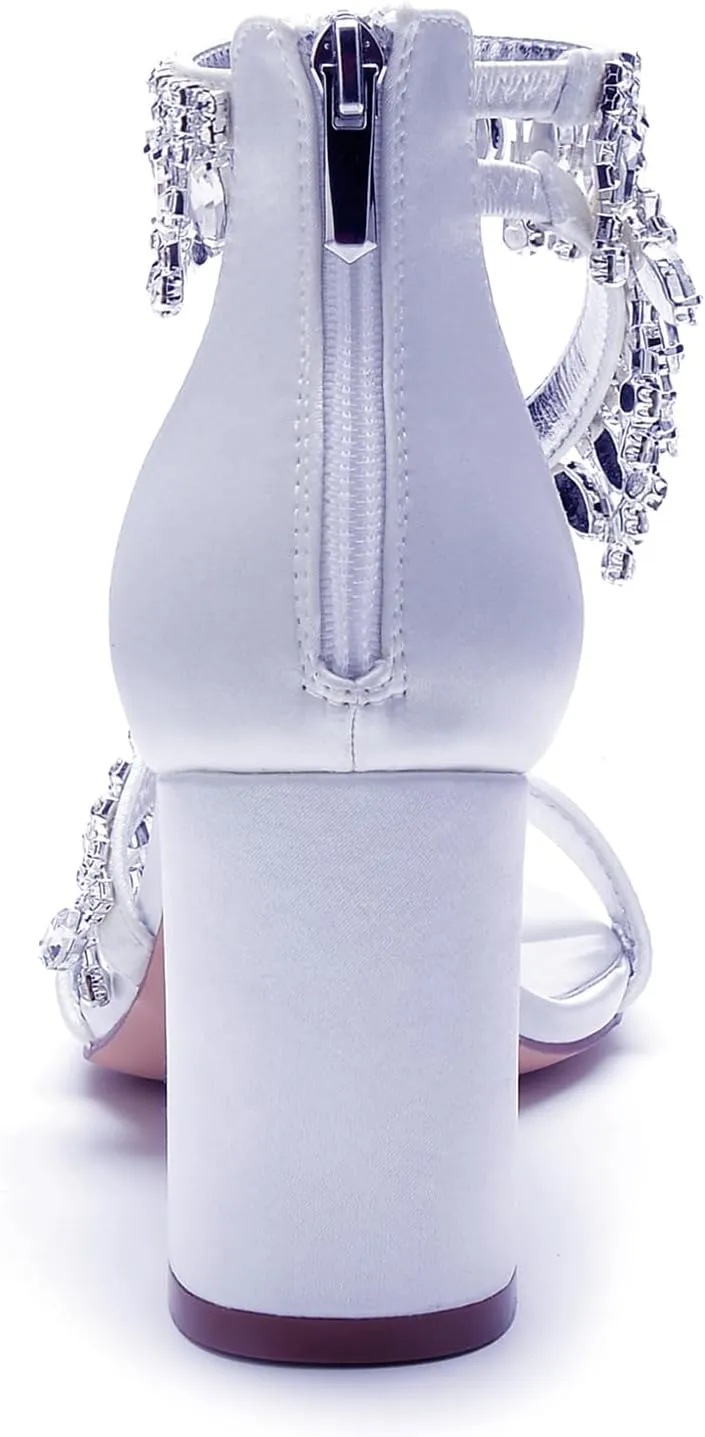 Bride Women's Crystal Peep Toe Block Heels Sandals Bridal Shoes Satin Wedding Pumps Ankle Strap Evening Party Dress Zipper Back Pendant