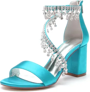 Bride Women's Crystal Peep Toe Block Heels Sandals Bridal Shoes Satin Wedding Pumps Ankle Strap Evening Party Dress Zipper Back Pendant