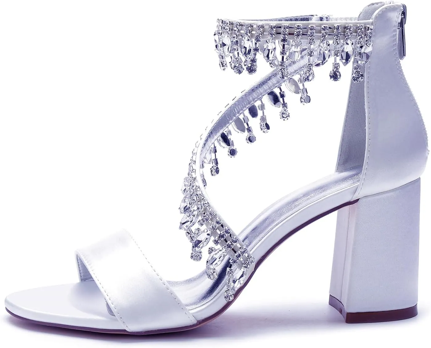 Bride Women's Crystal Peep Toe Block Heels Sandals Bridal Shoes Satin Wedding Pumps Ankle Strap Evening Party Dress Zipper Back Pendant