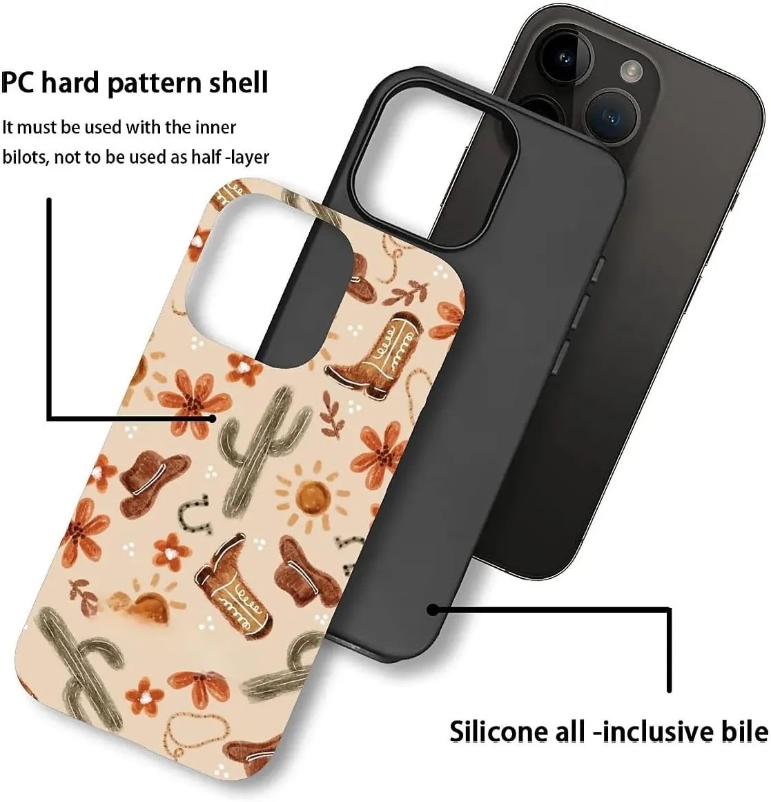 Case Compatible with iPhone 14 Pro Max, Matte Mixed Double-Layer Hard Shell Soft Silicone TPU Shock Protective Denim Boots Cactus