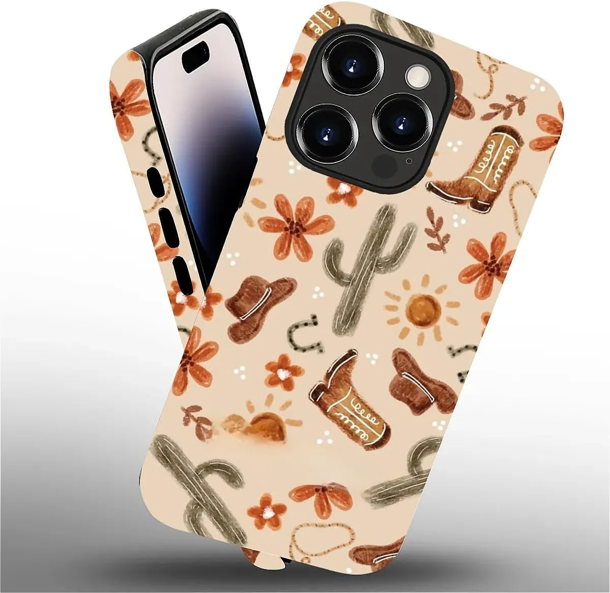 Case Compatible with iPhone 14 Pro Max, Matte Mixed Double-Layer Hard Shell Soft Silicone TPU Shock Protective Denim Boots Cactus