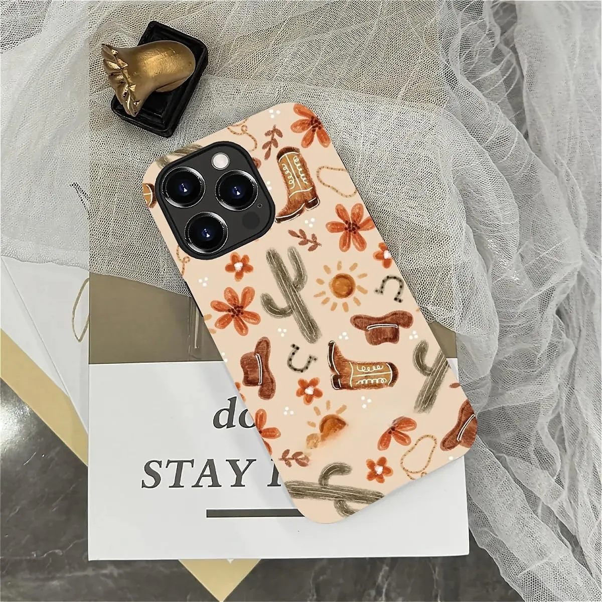 Case Compatible with iPhone 14 Pro Max, Matte Mixed Double-Layer Hard Shell Soft Silicone TPU Shock Protective Denim Boots Cactus