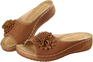 Chic Flowers Orthopedic Sandals for Women Arch Support Fish Mouth Open Toe Leather Slippers Wedge Platform Sandal