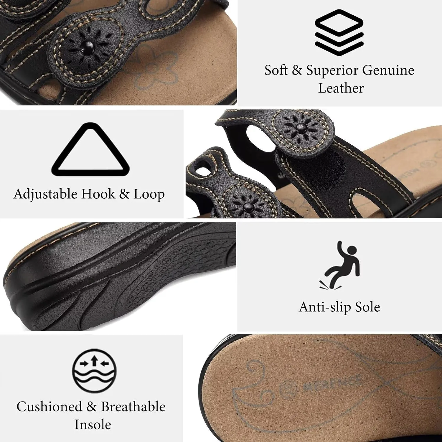 CIOR Women's Classic Leather Sandals, Black, Flat, Open Toe, Arch Support, Adjustable Strap, Casual, Water Resistant, Perfect for Beach, Street, Shopping, Dating, Vacation, Pool, Party