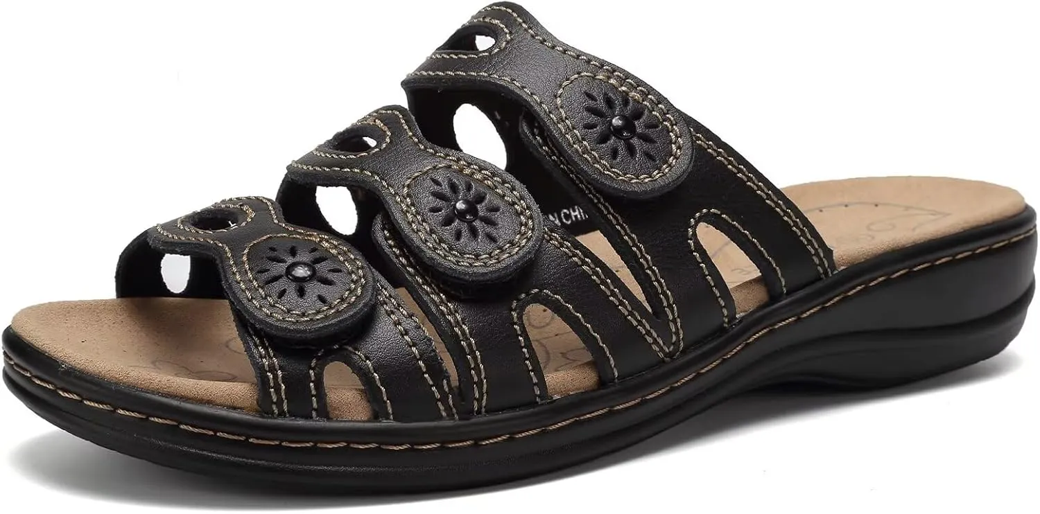CIOR Women's Classic Leather Sandals, Black, Flat, Open Toe, Arch Support, Adjustable Strap, Casual, Water Resistant, Perfect for Beach, Street, Shopping, Dating, Vacation, Pool, Party