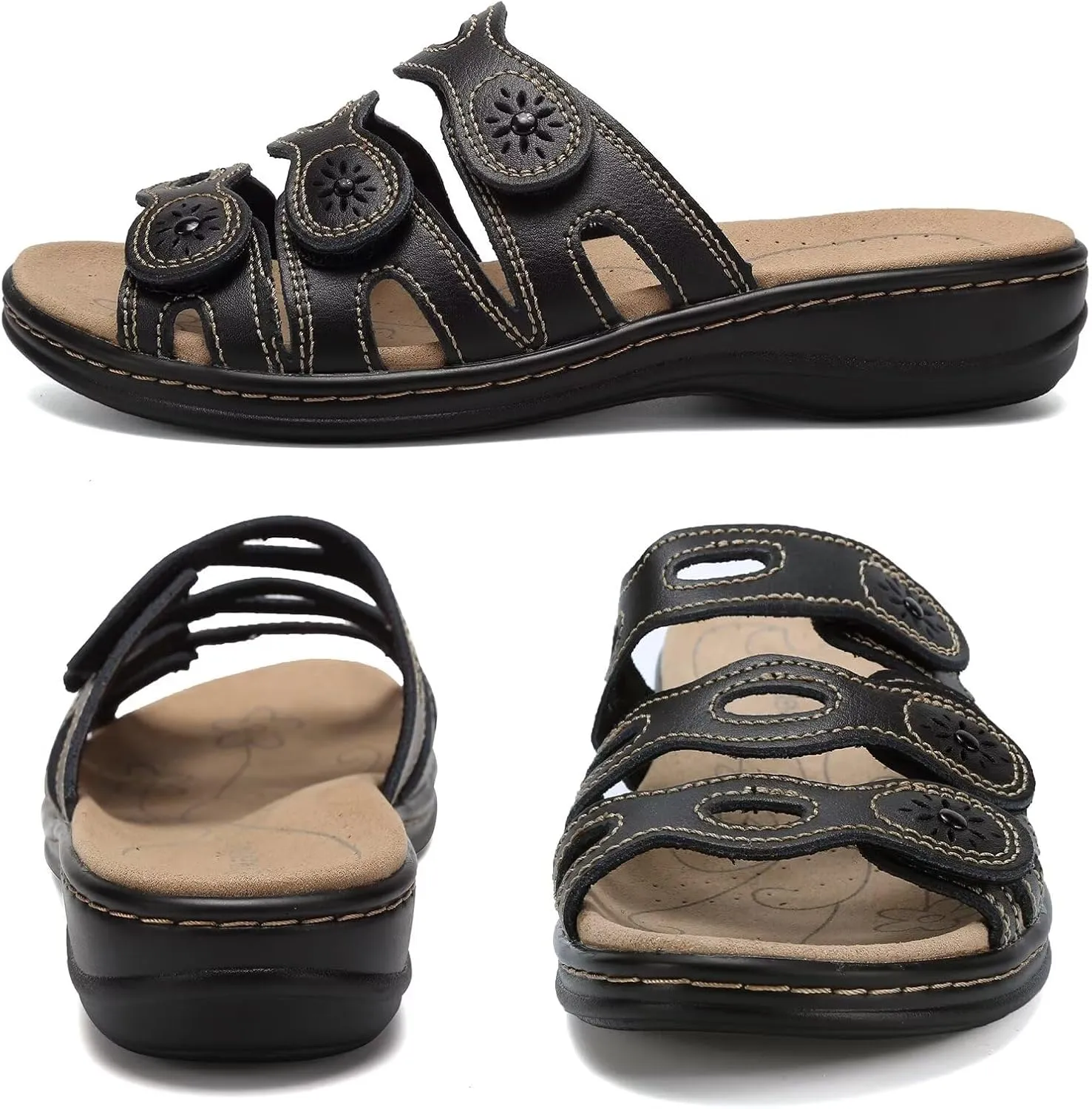 CIOR Women's Classic Leather Sandals, Black, Flat, Open Toe, Arch Support, Adjustable Strap, Casual, Water Resistant, Perfect for Beach, Street, Shopping, Dating, Vacation, Pool, Party