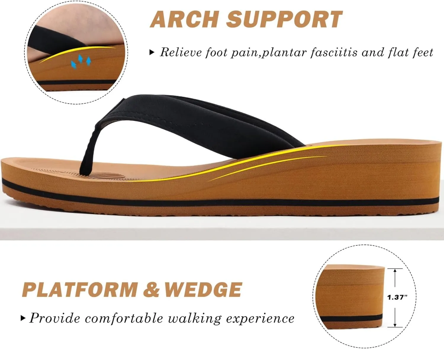 COFACE Flip Flops for Women With Comfortable Arch Support Ladies Fashion Platform Thong Sandals Soft Yoga Mat Sole For Beach/Indoor Outdoor