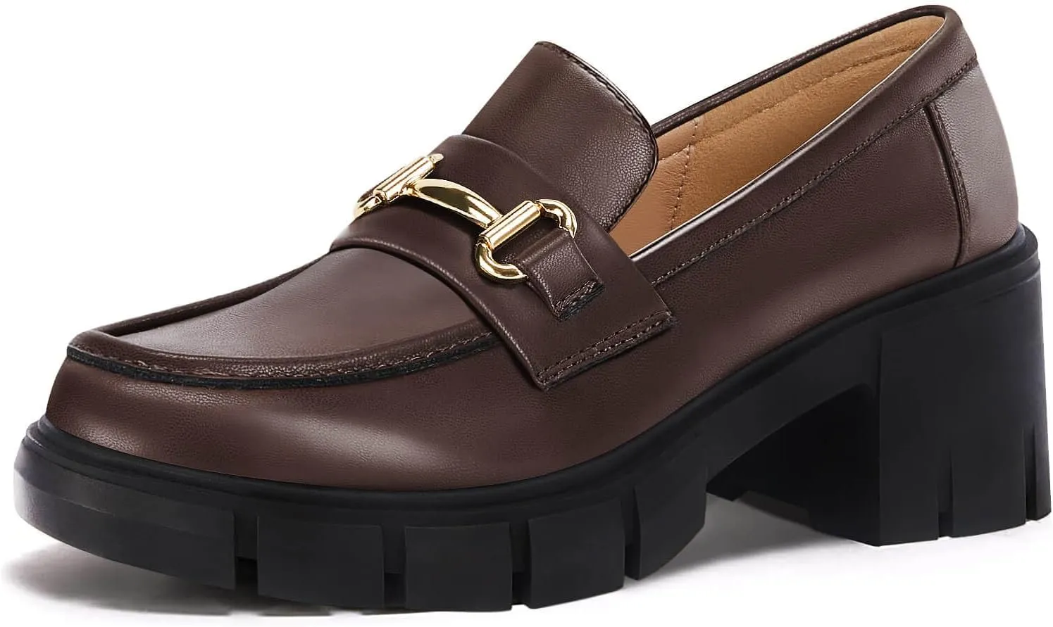 Coutgo Womens Chunky Platform Lug Sole Loafers Mid Heel Square Toe Dress Walking Work Shoes with Buckle Chain