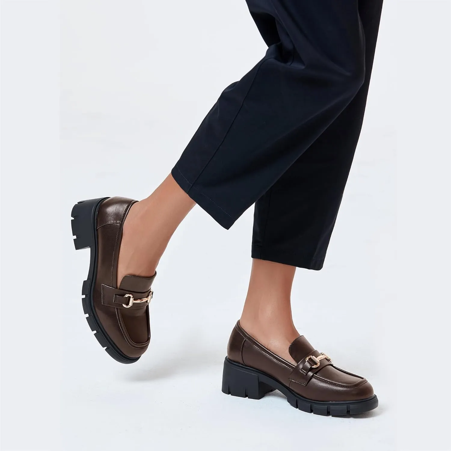 Coutgo Womens Chunky Platform Lug Sole Loafers Mid Heel Square Toe Dress Walking Work Shoes with Buckle Chain
