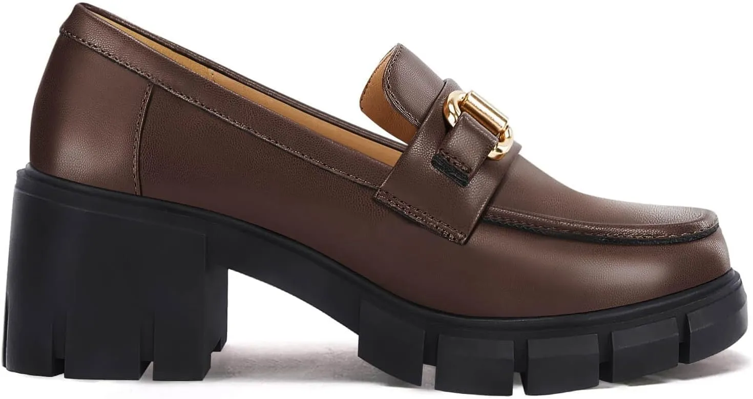 Coutgo Womens Chunky Platform Lug Sole Loafers Mid Heel Square Toe Dress Walking Work Shoes with Buckle Chain