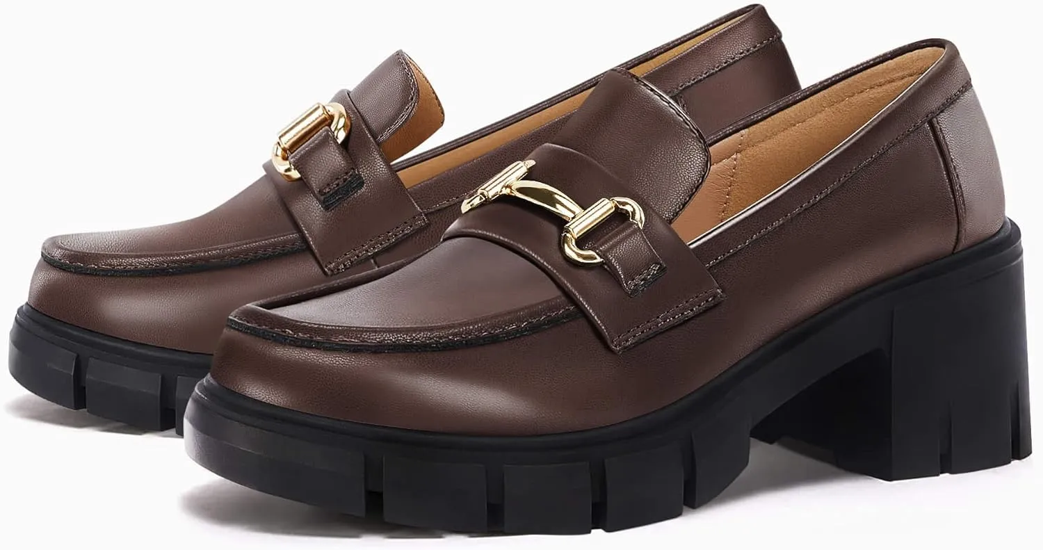 Coutgo Womens Chunky Platform Lug Sole Loafers Mid Heel Square Toe Dress Walking Work Shoes with Buckle Chain