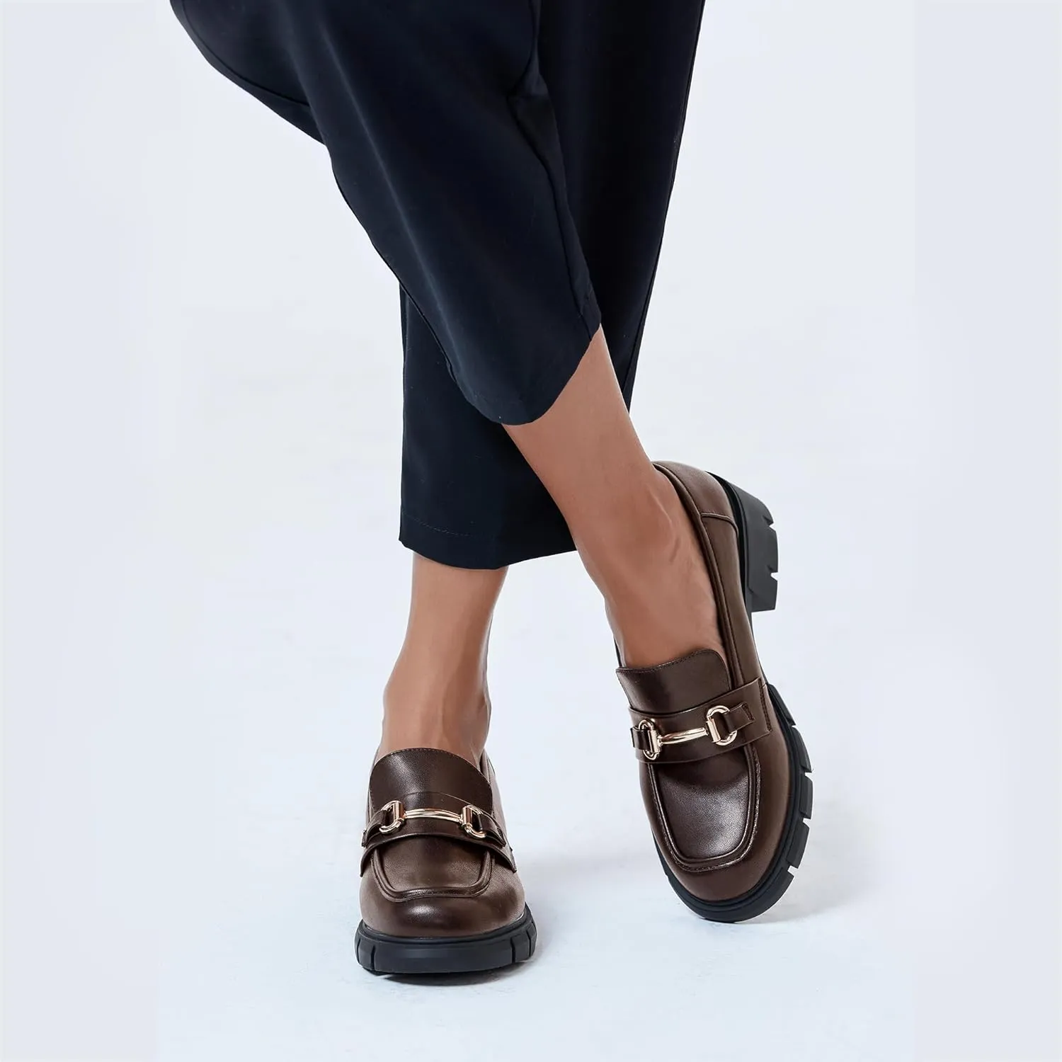 Coutgo Womens Chunky Platform Lug Sole Loafers Mid Heel Square Toe Dress Walking Work Shoes with Buckle Chain