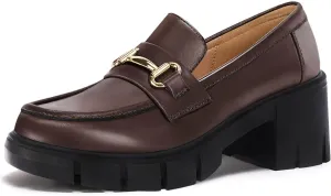 Coutgo Womens Chunky Platform Lug Sole Loafers Mid Heel Square Toe Dress Walking Work Shoes with Buckle Chain