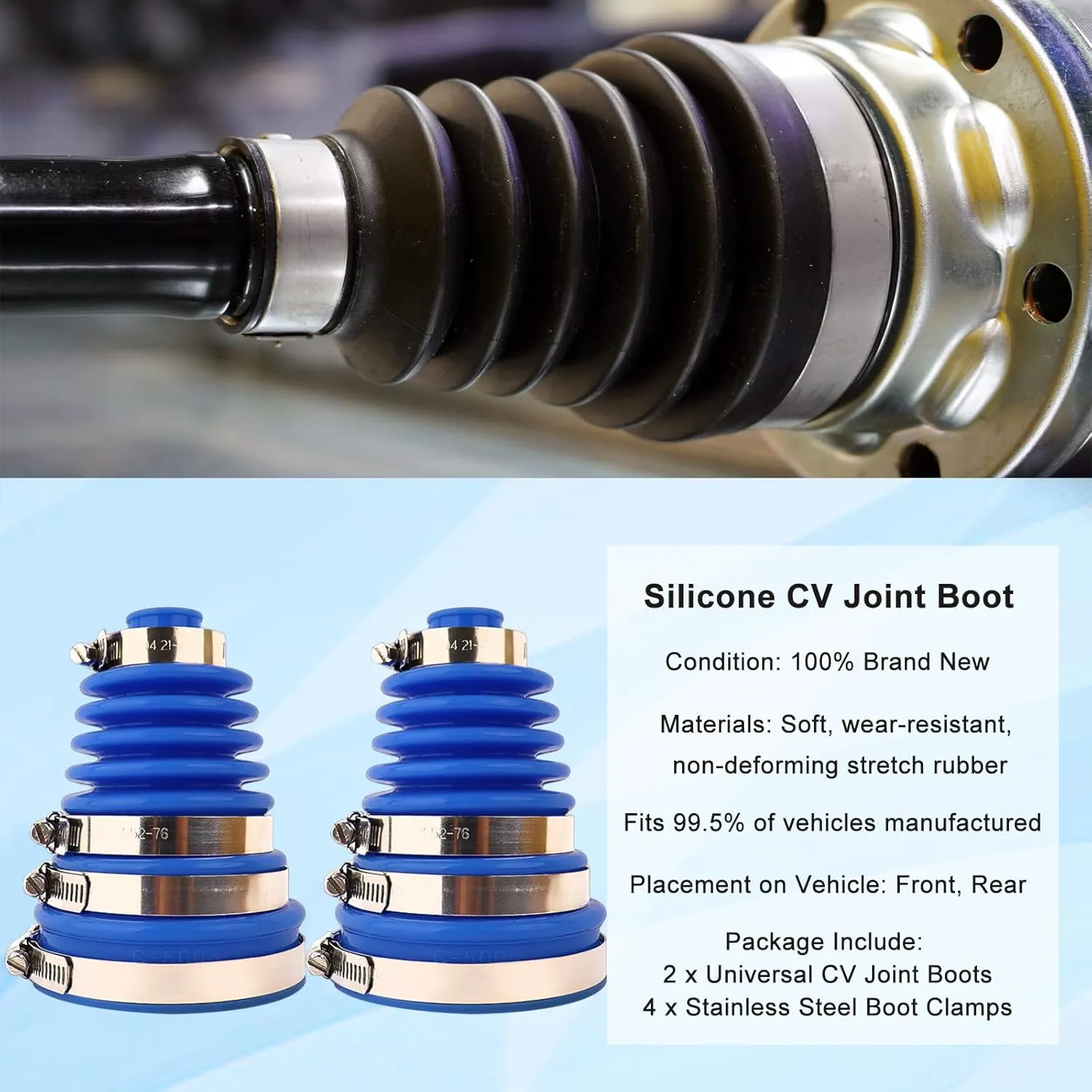 CV Joint Boot Kit 5 inch Height, Universal Automotive Silicone Constant Velocity CV Joint Boot 125-130mm Height, 2 Boots with 8 pc Stainless steel clamps, Blue, Pack of 2