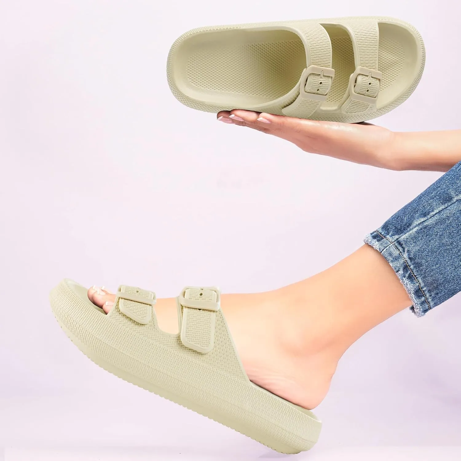 Dodow Womens Slide Sandals Adjustable Soft Cloud Comfort Slip On Flat Sandals