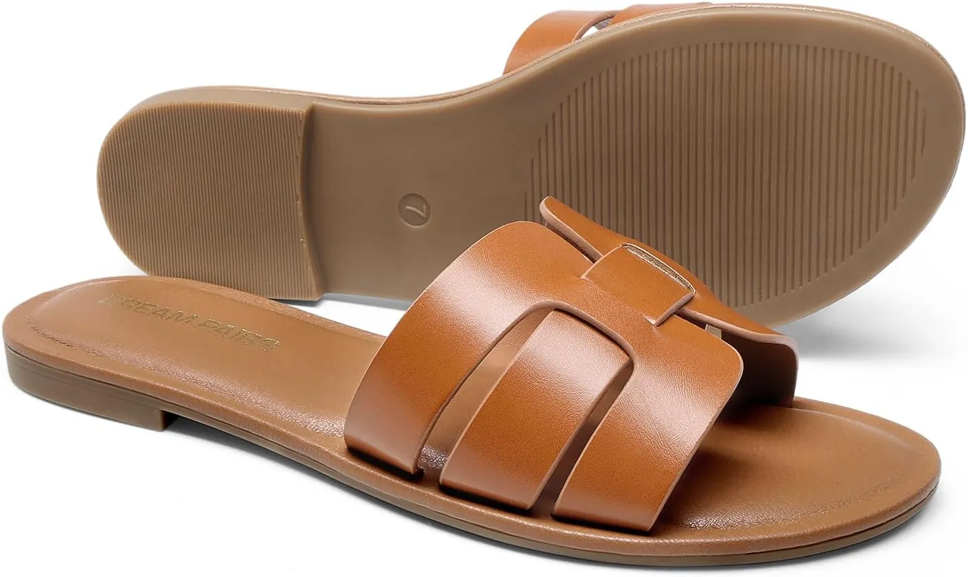 DREAM PAIRS Women's Dressy Slide Sandals Slip-on Open Round Toe Flat Sandals Fashion Casual Comfortable Summer Beach Walking Slides