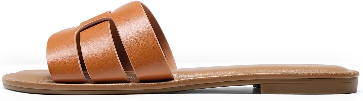 DREAM PAIRS Women's Dressy Slide Sandals Slip-on Open Round Toe Flat Sandals Fashion Casual Comfortable Summer Beach Walking Slides