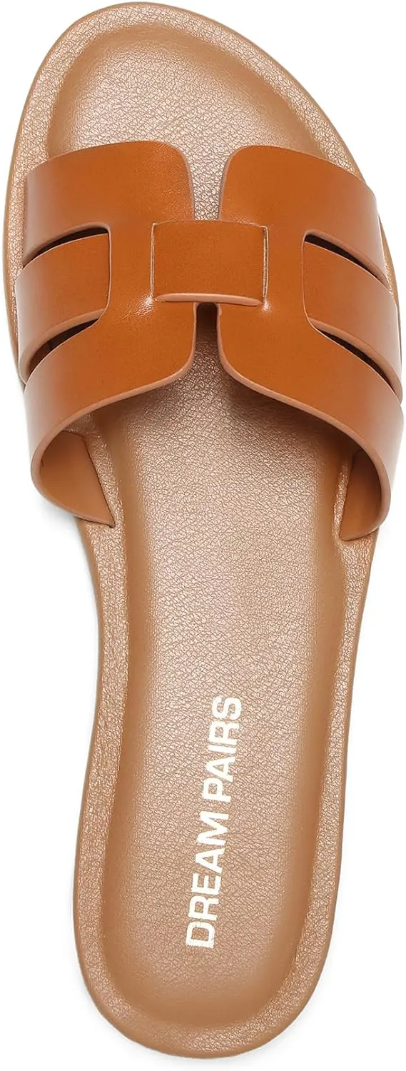 DREAM PAIRS Women's Dressy Slide Sandals Slip-on Open Round Toe Flat Sandals Fashion Casual Comfortable Summer Beach Walking Slides