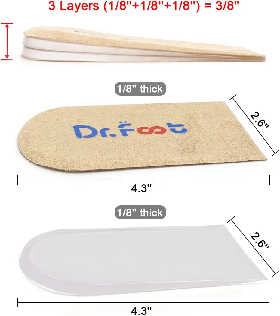 Dr.Foot Adjustable Orthopedic Heel Lift Inserts, Height Increase Insole for Leg Length Discrepancies, Heel Spurs, Heel Pain, Sports Injuries, and Achilles tendonitis (Beige, 3 Layers-L)