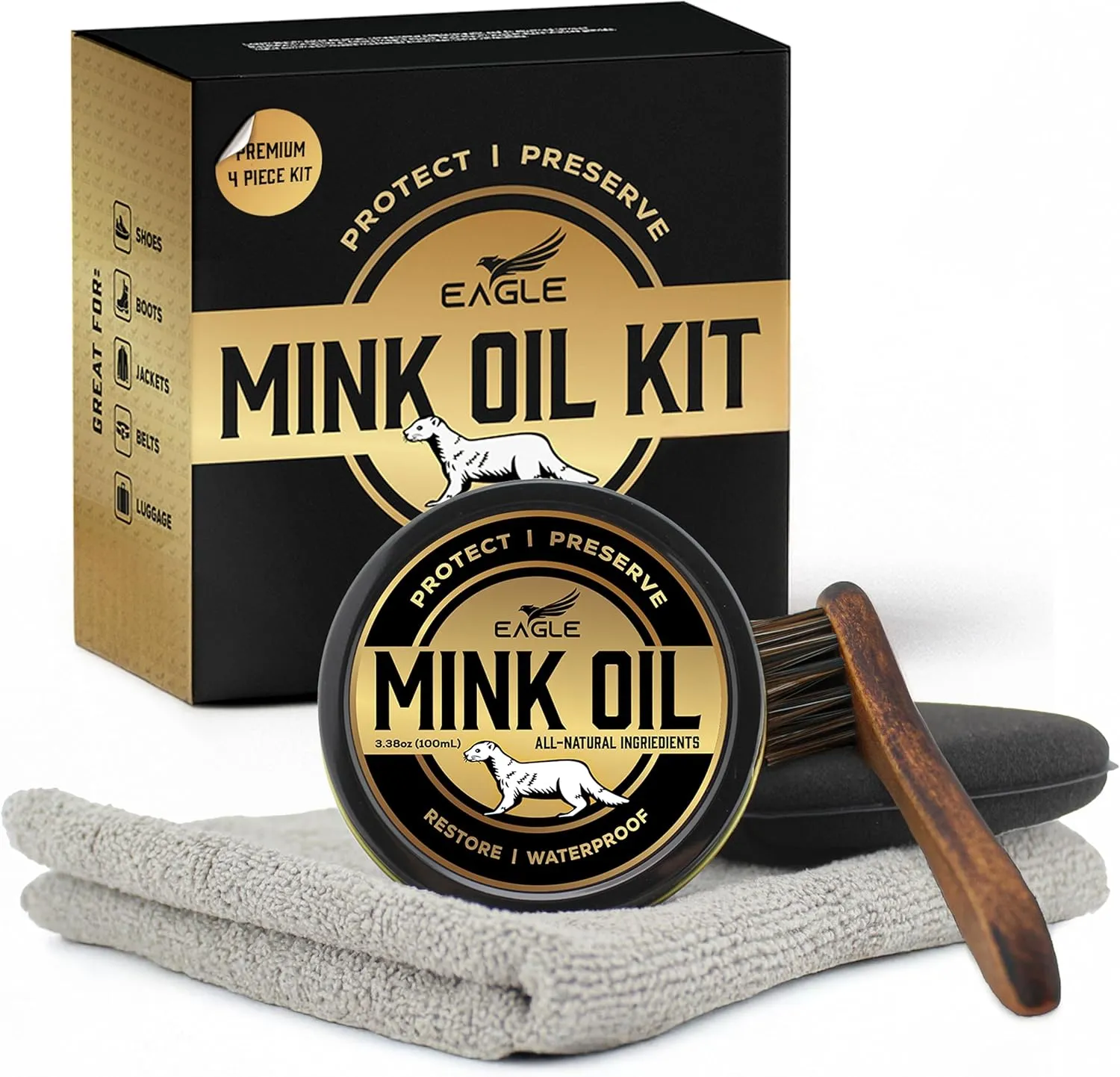Eagle Mink Oil for Leather Boots - 4-Piece Kit with All-Natural Leather Conditioner and Cleaner 3.52oz, Waterproof Formula to Soften and Restore Shoes, Jackets, Saddles, Gloves, and More
