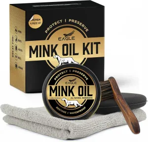 Eagle Mink Oil for Leather Boots - 4-Piece Kit with All-Natural Leather Conditioner and Cleaner 3.52oz, Waterproof Formula to Soften and Restore Shoes, Jackets, Saddles, Gloves, and More