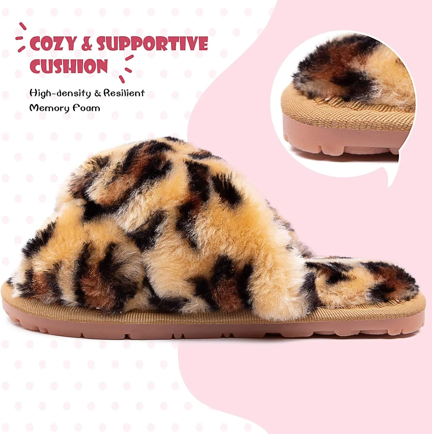 eccbox Girls Fluffy Slippers Kids Leopard Tie Dye Open Toe Memory Foam Slides Sandals Soft Plush Cross Band House Shoes Indoor Outdoor Slip On