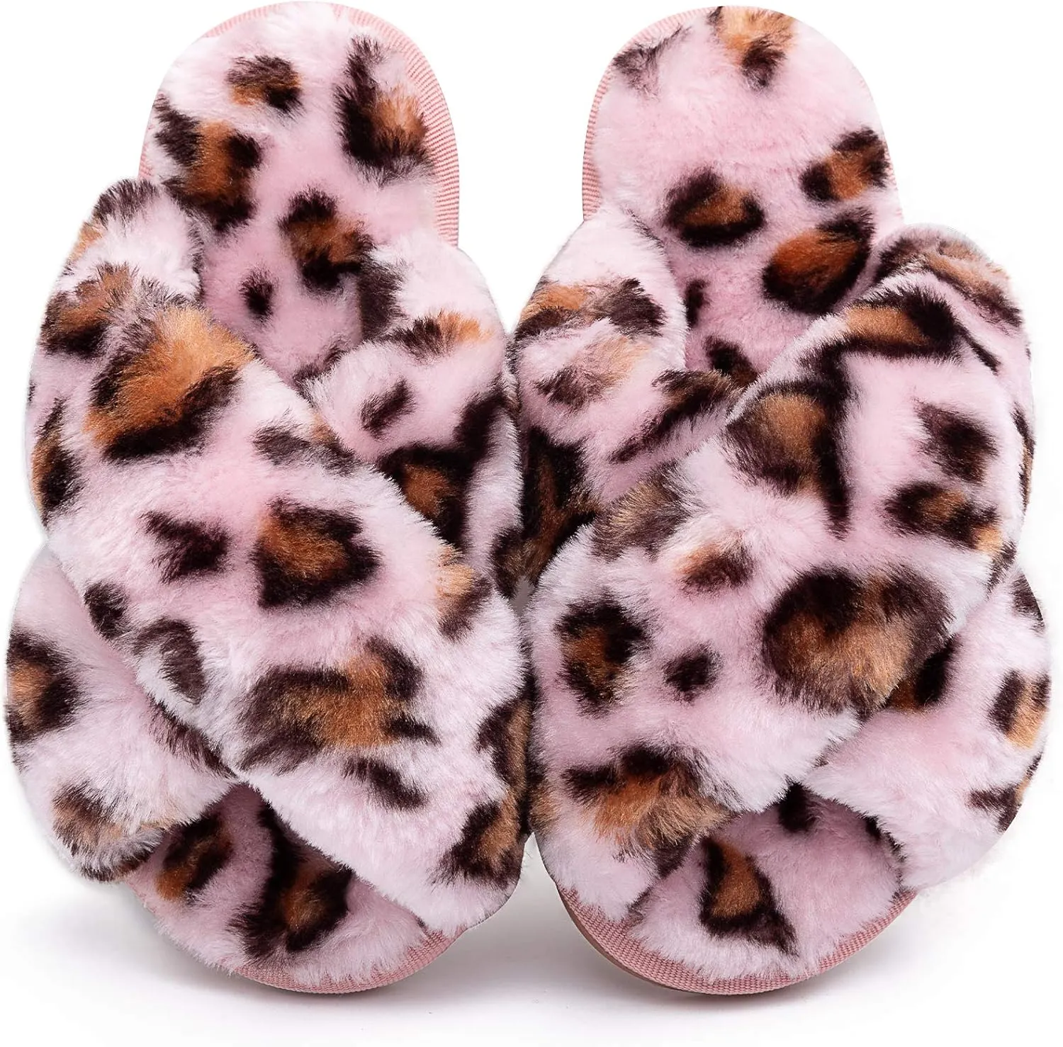 eccbox Girls Fluffy Slippers Kids Leopard Tie Dye Open Toe Memory Foam Slides Sandals Soft Plush Cross Band House Shoes Indoor Outdoor Slip On