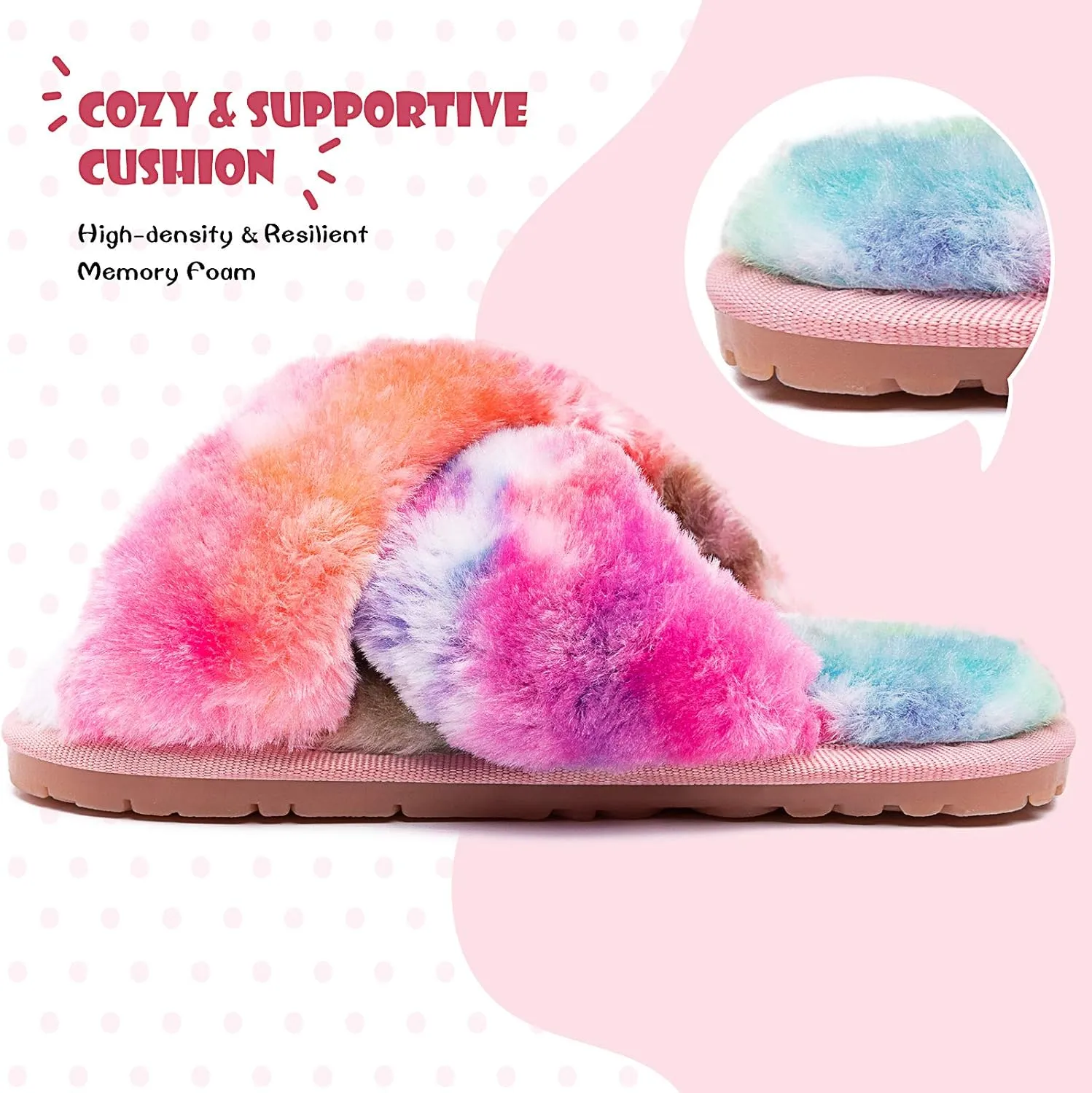 eccbox Girls Fluffy Slippers Kids Leopard Tie Dye Open Toe Memory Foam Slides Sandals Soft Plush Cross Band House Shoes Indoor Outdoor Slip On