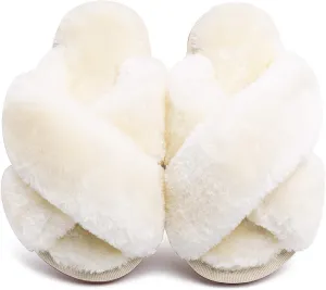 eccbox Girls Fluffy Slippers Kids Leopard Tie Dye Open Toe Memory Foam Slides Sandals Soft Plush Cross Band House Shoes Indoor Outdoor Slip On