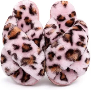 eccbox Girls Fluffy Slippers Kids Leopard Tie Dye Open Toe Memory Foam Slides Sandals Soft Plush Cross Band House Shoes Indoor Outdoor Slip On
